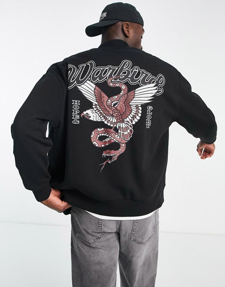 Asos Design Oversized Jersey Jacket In Black With Varsity And Souvenir Prints