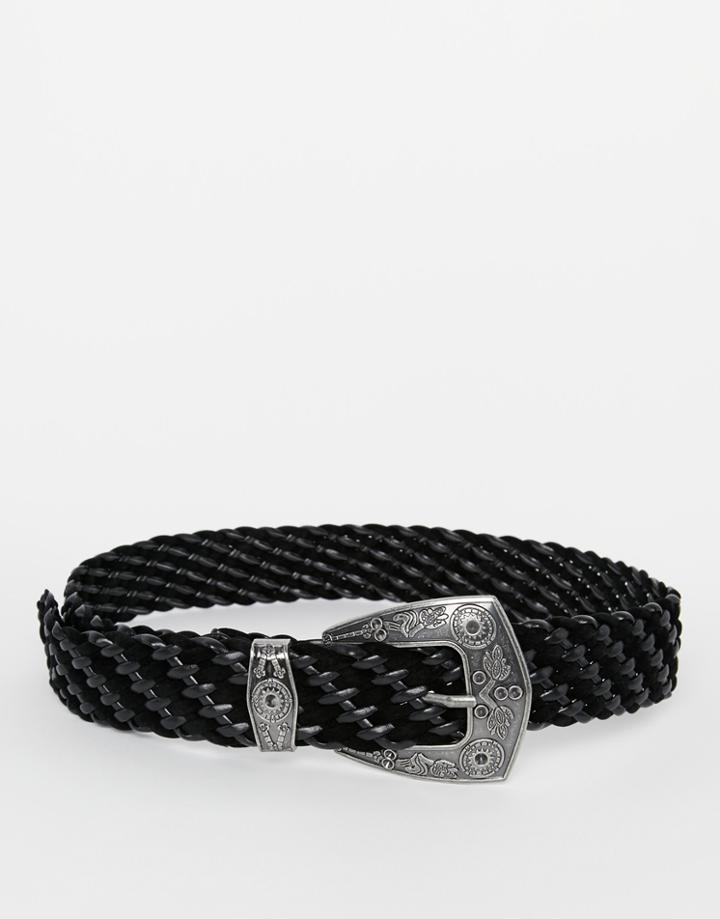 Asos Pu And Suedette Plaited Western Boyfriend Belt - Black