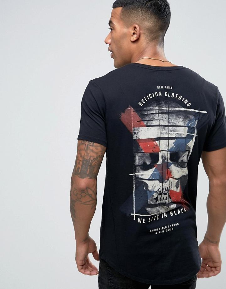 Religion Longline T-shirt With Front And Back Print - Black