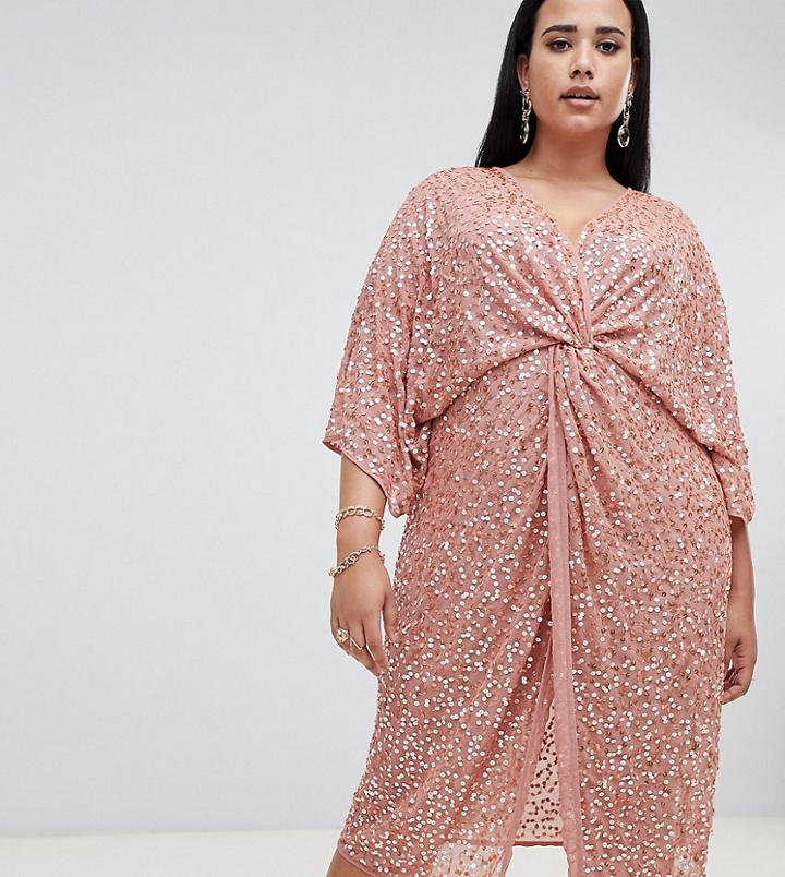 Asos Design Curve Scatter Sequin Knot Front Kimono Midi Dress - Pink