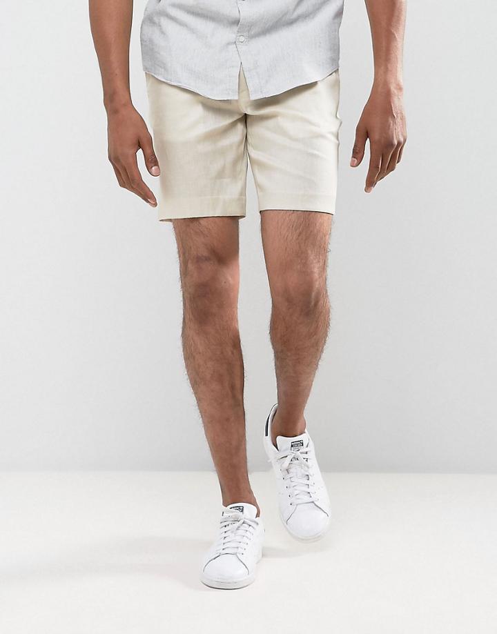 Asos Slim Mid Length Linen Mix Shorts In Beige - Beige