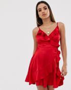 Club L London Satin Wrap Ruffle Dress-red