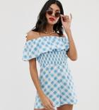 Asos Design Tall Off Shoulder Ruffle Romper With Shirring In Gingham Print-multi