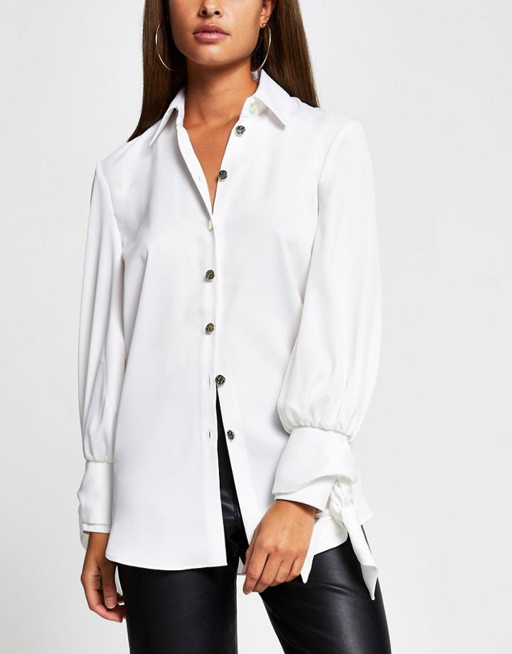 River Island Tie Cuff Satin Shirt In White