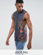 Asos Tall Sleeveless T-shirt With Extreme Dropped Armhole In Linen Look Fabric With Geo-tribal Print - Multi