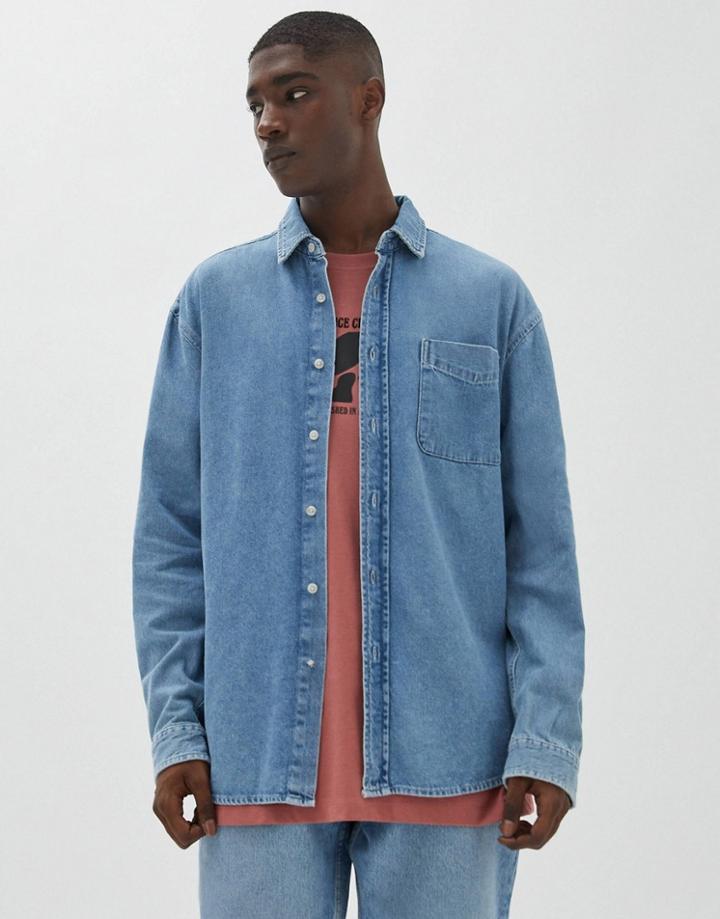 Pull & Bear Denim Shirt In Blue-blues