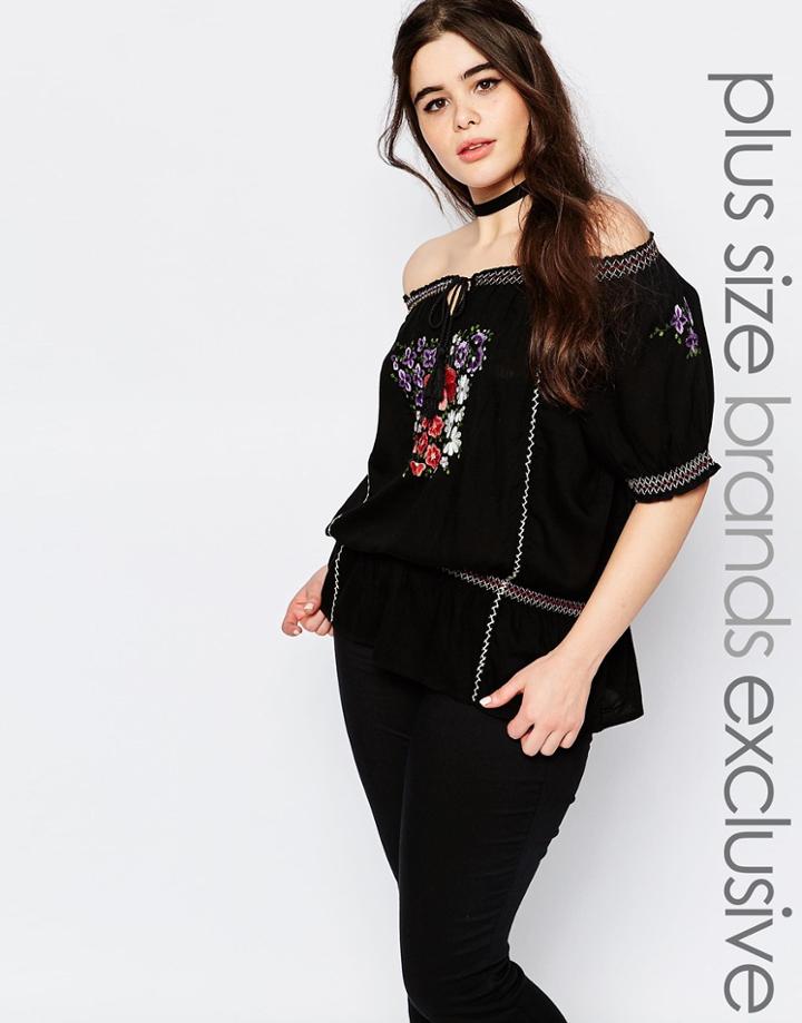 Alice & You Embroidered Off The Shoulder Folk Top - Black