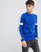 Esprit Ribbed Knitted Sweater With Sleeve Stripe - Blue