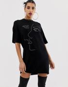 Boohoo Scribble Face T-shirt Mini Dress In Black - Black