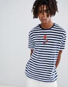 Asos Design Stripe Relaxed Velour T-shirt With Rose Embroidery - Multi