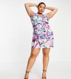 Lola May Plus A-line Mini Dress With Tie Back In Purple Abstract Print