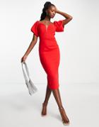 Trendyol Bardot Puff Sleeve Midi Dress In Red