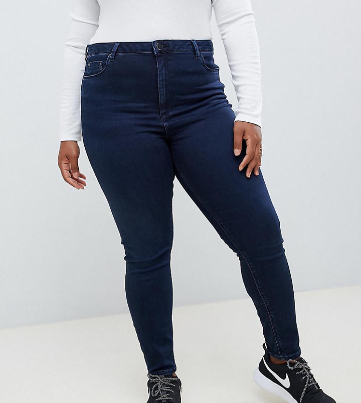 Asos Design Curve Ridley High Waist Skinny Jeans In Blackened Blue Wash - Blue