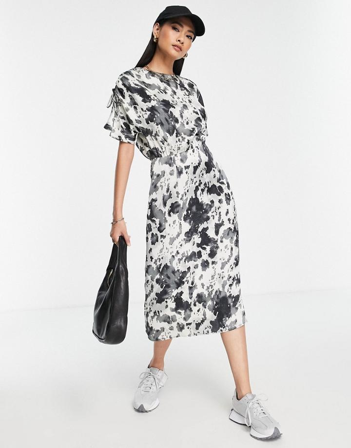 Lola May Round Neck Satin Dress In Cow Print-black