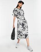 Lola May Round Neck Satin Dress In Cow Print-black