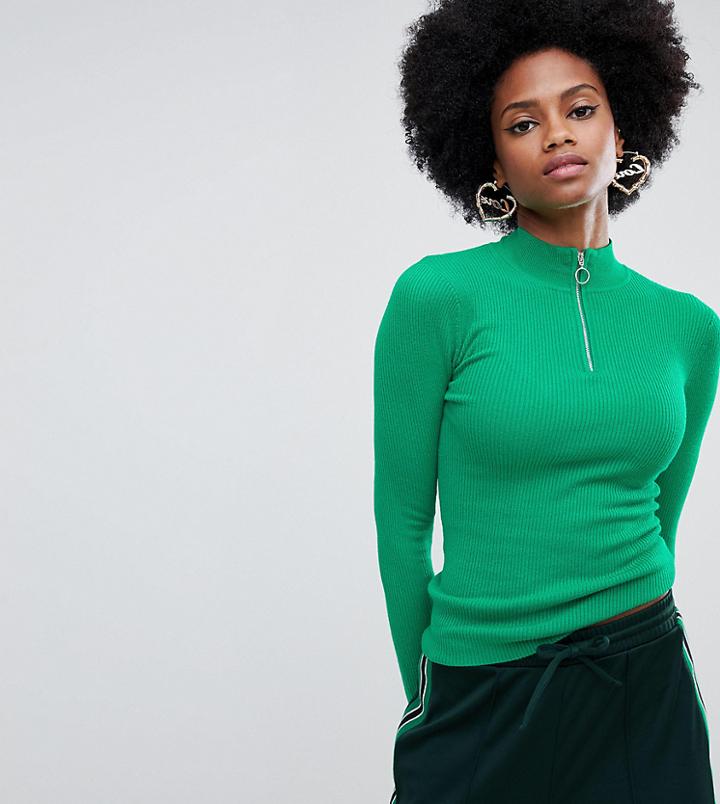 Miss Selfridge Zip Front Funnel Sweater Top In Green