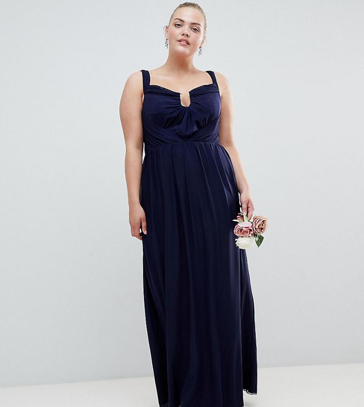 Asos Design Curve Ruched Mesh Bardot Maxi Dress-navy