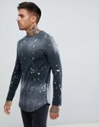 Asos Design Relaxed Super Longline Long Sleeve T-shirt With Curved Hem In Acid And Splatter Wash - Black