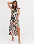 Asos Design Sleeveless Drape Front Midi Dress In Scarf Print-multi