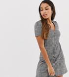 New Look Petite Button Through Tea Dress In Brown Check - Green
