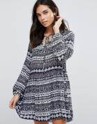 Qed London Stripe Folk Print Shift Dress - Navy