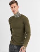 Bershka Waffle Sweater In Khaki - Green