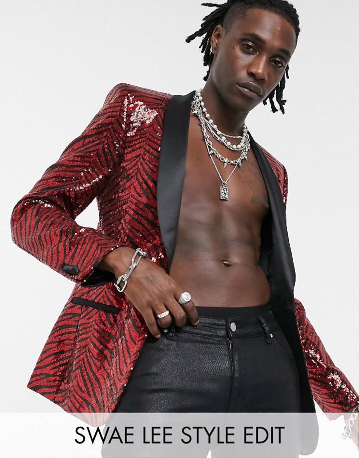 Asos Design Skinny Blazer In Sequin Overlay In Black And Red