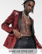 Asos Design Skinny Blazer In Sequin Overlay In Black And Red