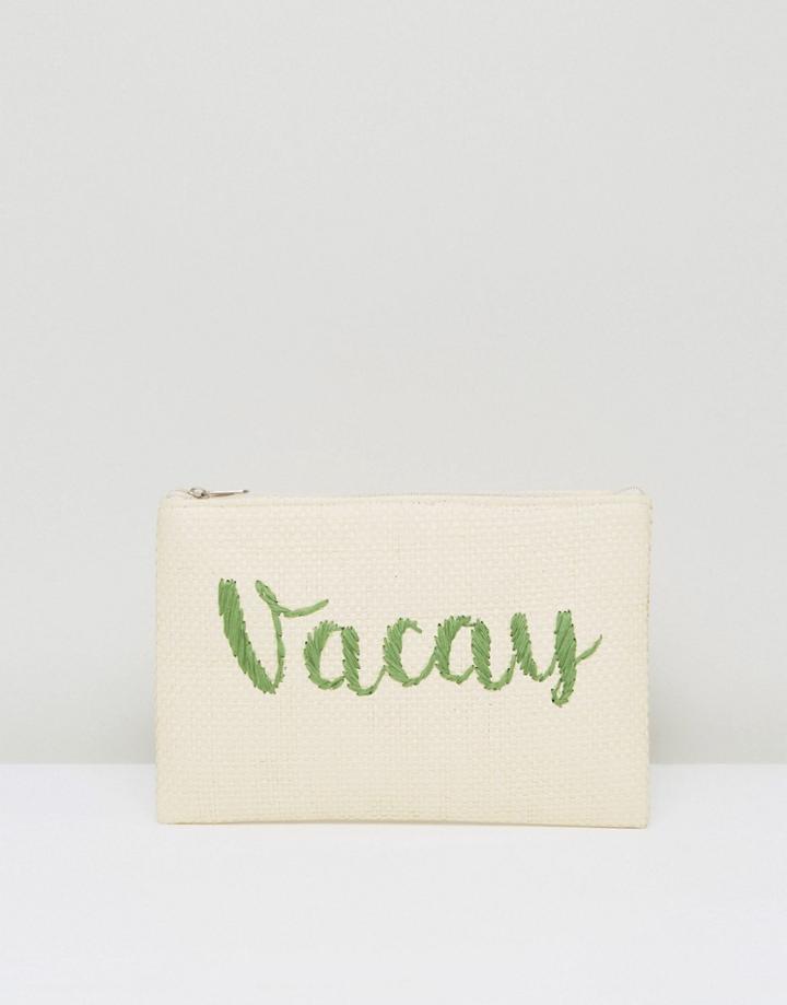 South Beach Vacay Embroidered Zip Top Straw Clutch Bag - Green