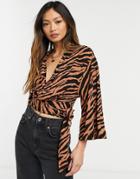 Asos Design Batwing Sleeve Wrap Top In Tiger Print-multi