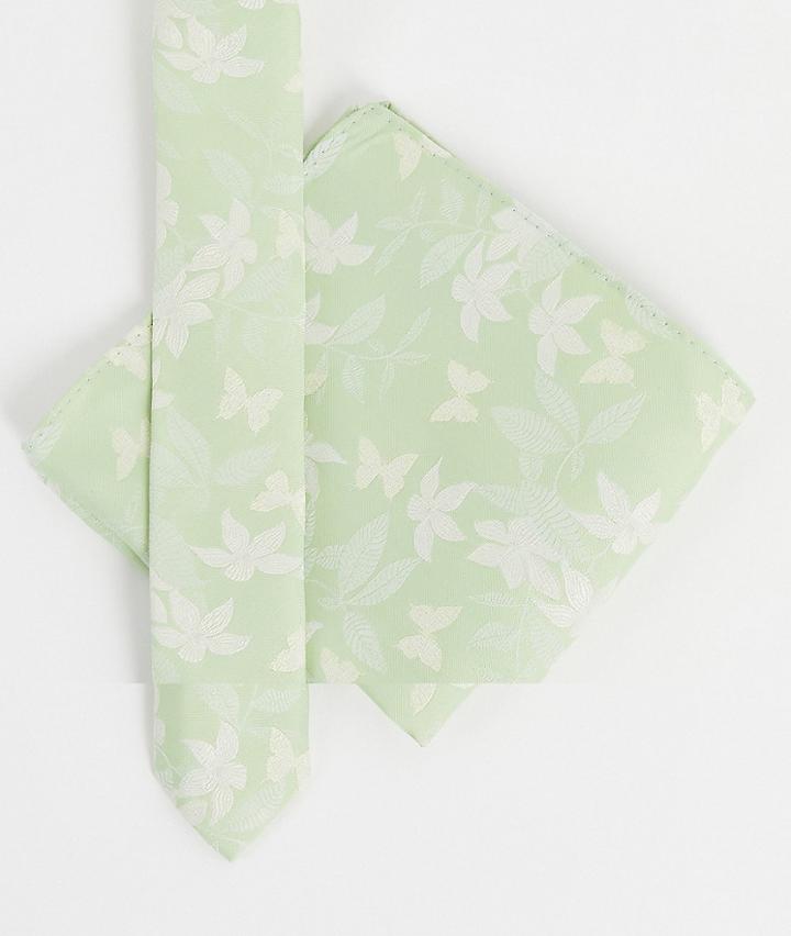 Asos Design Skinny Tie In Green Floral With Pocket Square