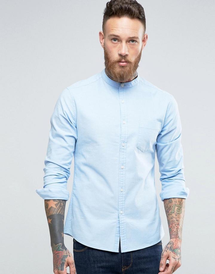 Asos Casual Skinny Oxford Shirt With Grandad Collar - Blue