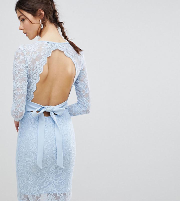 City Goddess Tall Long Sleeve V Neck Open Back Pencil Dress With Bow Back - Blue