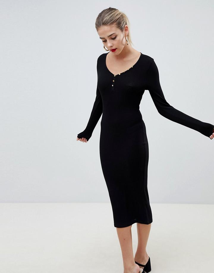 Asos Design V Neck Midi Dress With Buttons - Black