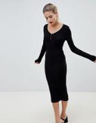 Asos Design V Neck Midi Dress With Buttons - Black