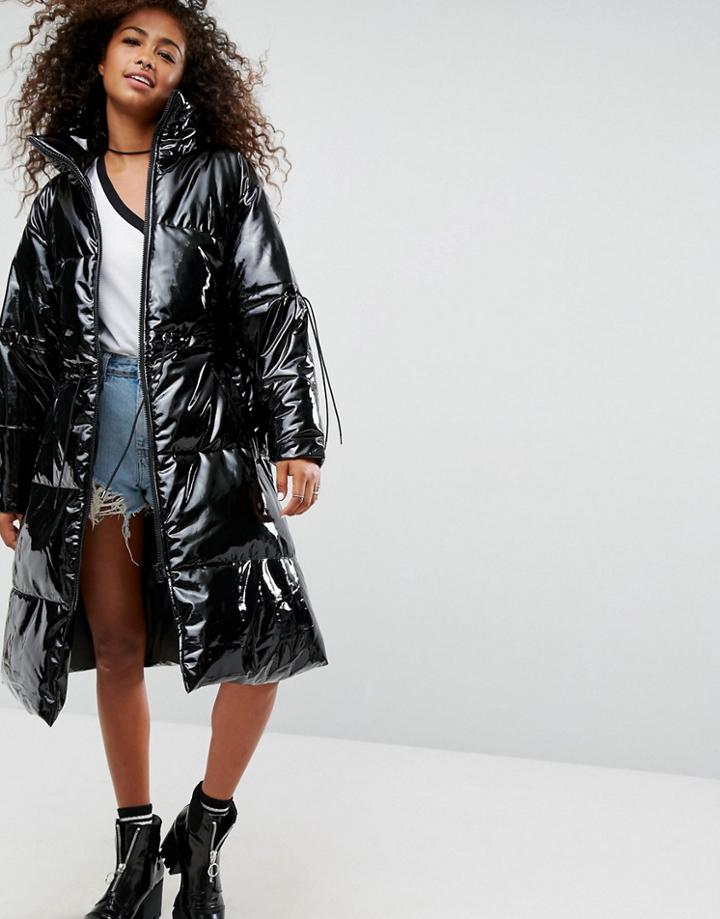 Asos Oversized Midi Puffer Coat In Vinyl - Black