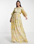 Asos Design Off Shoulder Maxi Dress With Blouson Sleeve In Self-stripe In Meadow Floral-yellow