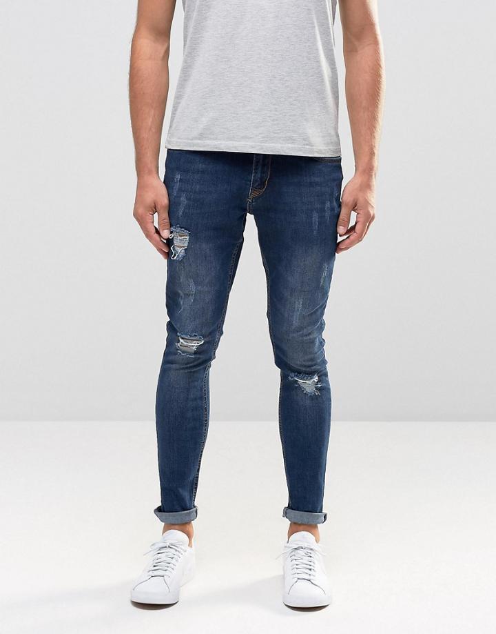 Hoxton Denim Jeans Spray On Rip And Repair Waistband Patch Jean - Blue
