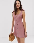 Asos Design Mini Button Through Slub Sundress With Tie Shoulders-pink