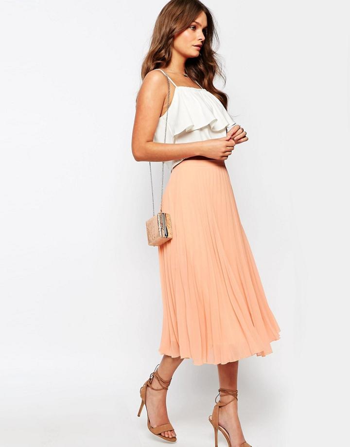 New Look Chiffon Pleat Midi Skirt - Stone