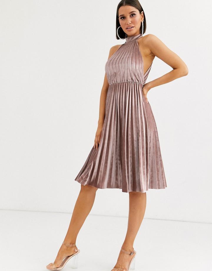 Asos Design Halter Pleated Waisted Midi Dress In Velvet-beige
