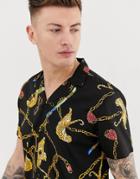 Boohooman Revere Collar Two-piece Shirt In Chain Print - Black