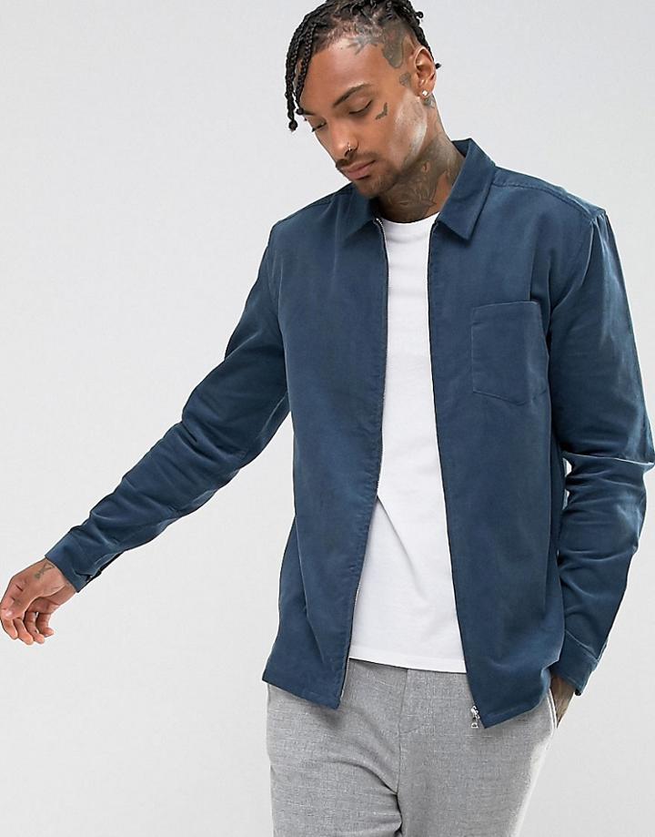 Asos Cord Zip Thru Overshirt In Blue - Blue