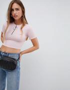 Prettylittlething Ribbed Ring Pull Crop Top - Pink