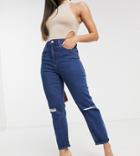 Asos Design Petite Farleigh High Waisted Slim Mom Jeans With Rips In French Workwear Blue Wash