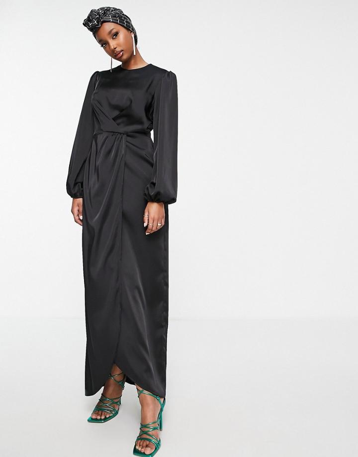 Flounce London Wrap Front Maxi Dress In Black Satin