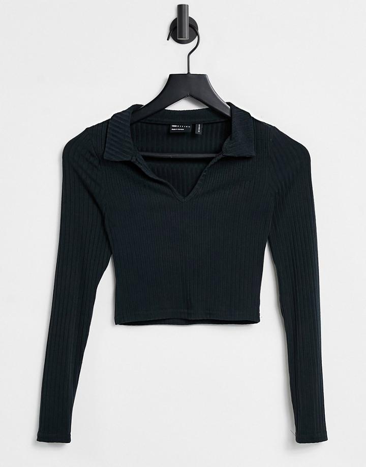 Asos Design Fitted Polo In Rib With Long Sleeve In Black
