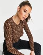 Pull & Bear Jacquard Ruched Long Sleeve Top In Brown - Part Of A Set