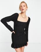 Asos Design Long Sleeve Cable Knit Mini Dress With Frills And Lacing-black
