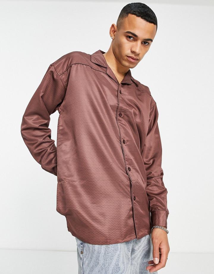Mennace Long Sleeve Shirt In Dark Brown With Geometric Print And Revere Collar